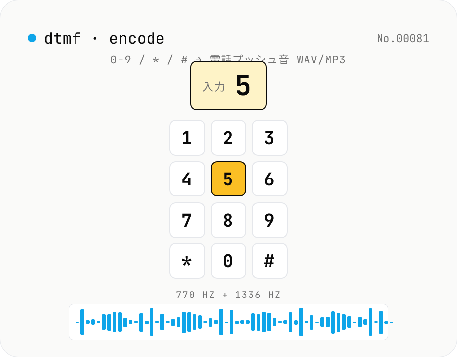 DTMF 音声エンコーダ — 0-9 / * / # / A-D → 電話プッシュ音 WAV/MP3
