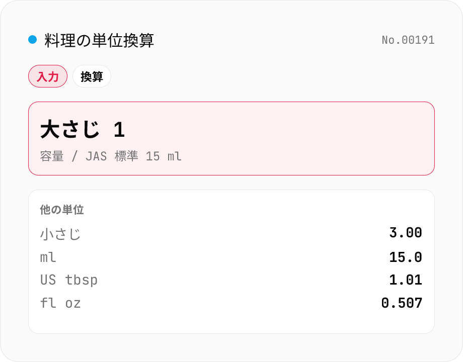 料理の単位換算 (大さじ / 小さじ / カップ ⇄ US tsp / tbsp / cup / fl oz)
