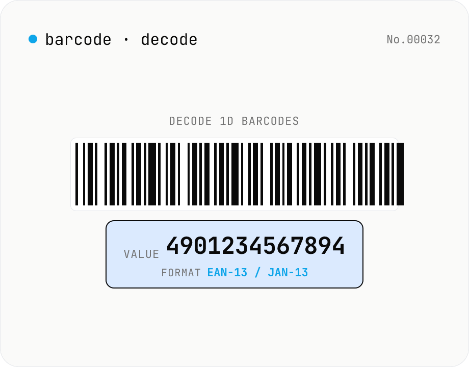 1D barcode decoder — JAN/EAN/UPC/Code128/Code39/ITF/Codabar