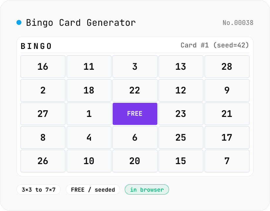 Bingo Card Generator (3×3 to 7×7 + FREE)
