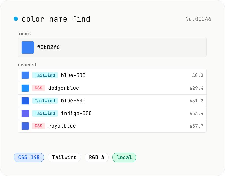 Color name find — match HEX / RGB to a CSS or Tailwind name