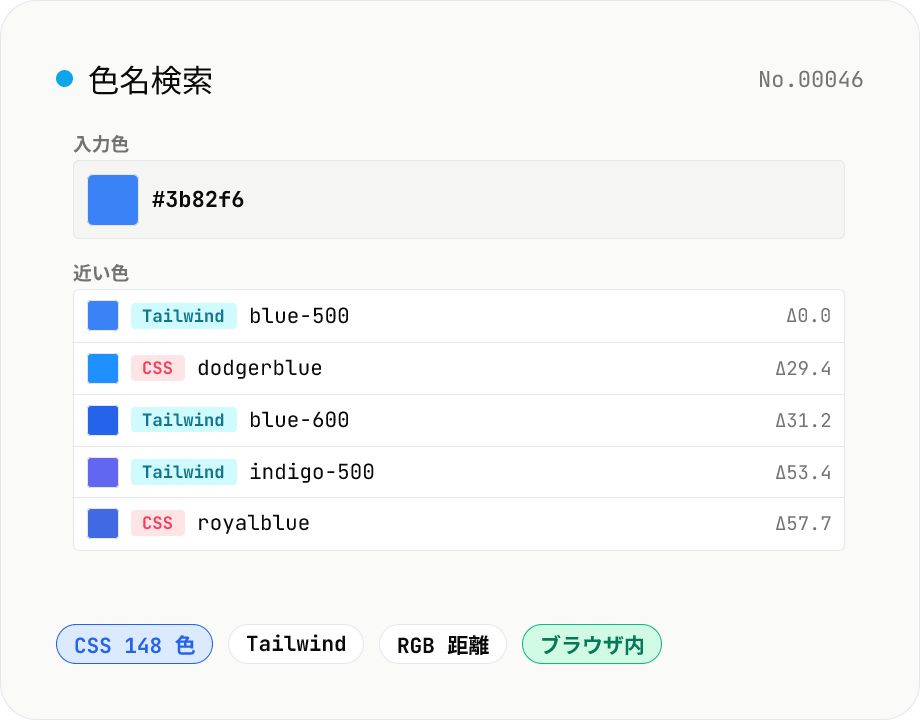 色名検索 — HEX / RGB に近い CSS / Tailwind 色名を探す
