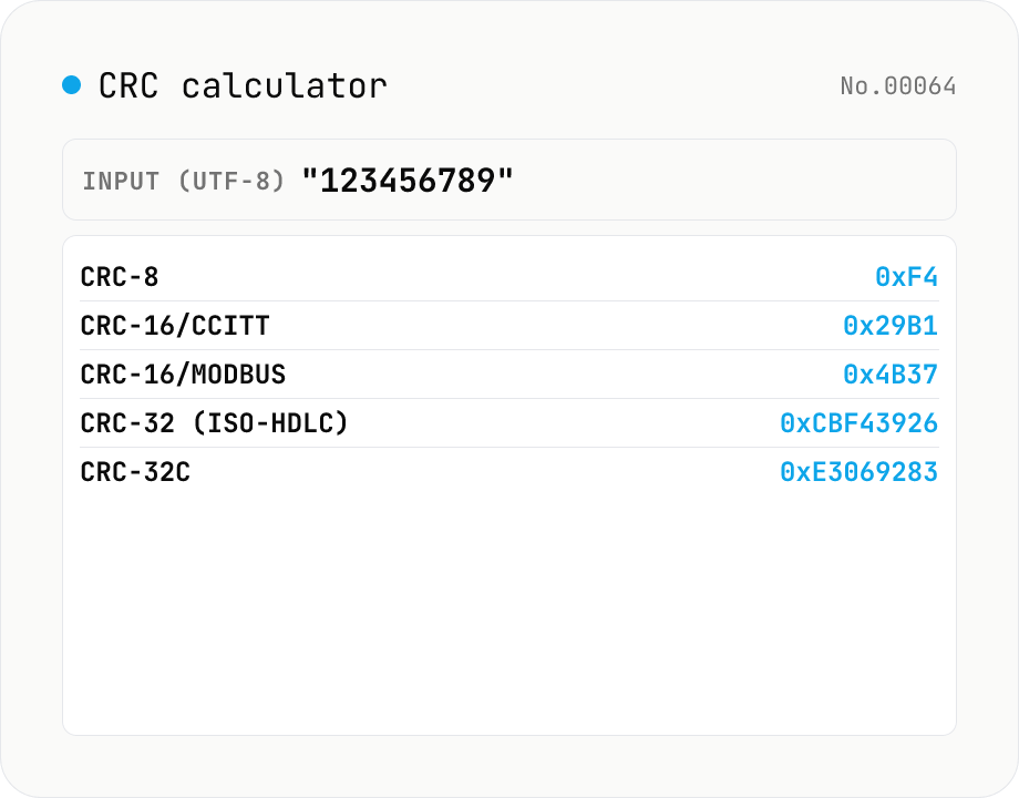 CRC calculator — CRC-8 / CRC-16 / CRC-32 / CRC-32C in parallel
