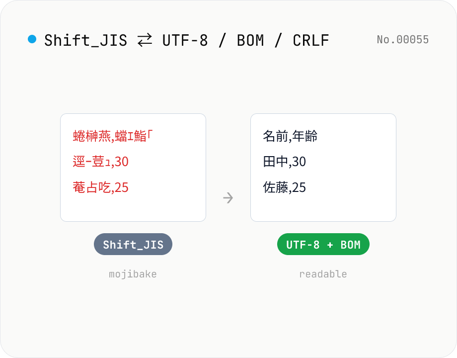 CSV / text encoding converter — Shift_JIS ↔ UTF-8 / BOM / newlines