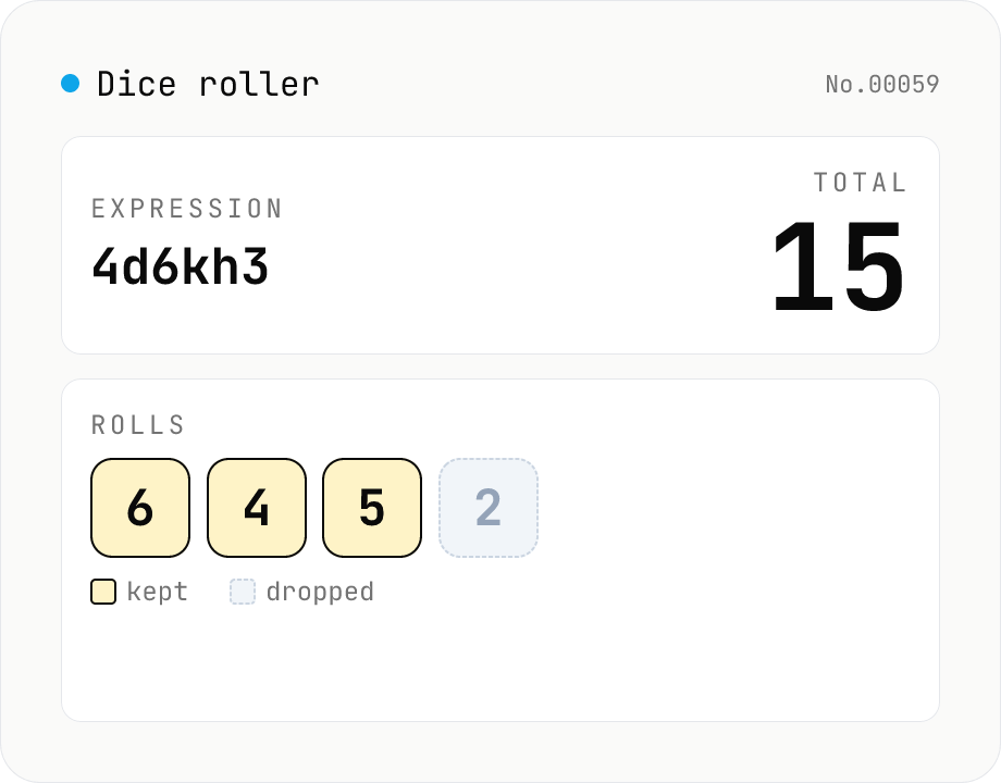 Dice roller — 2d6+3 / 4d6kh3 notation (Web Crypto, no server)