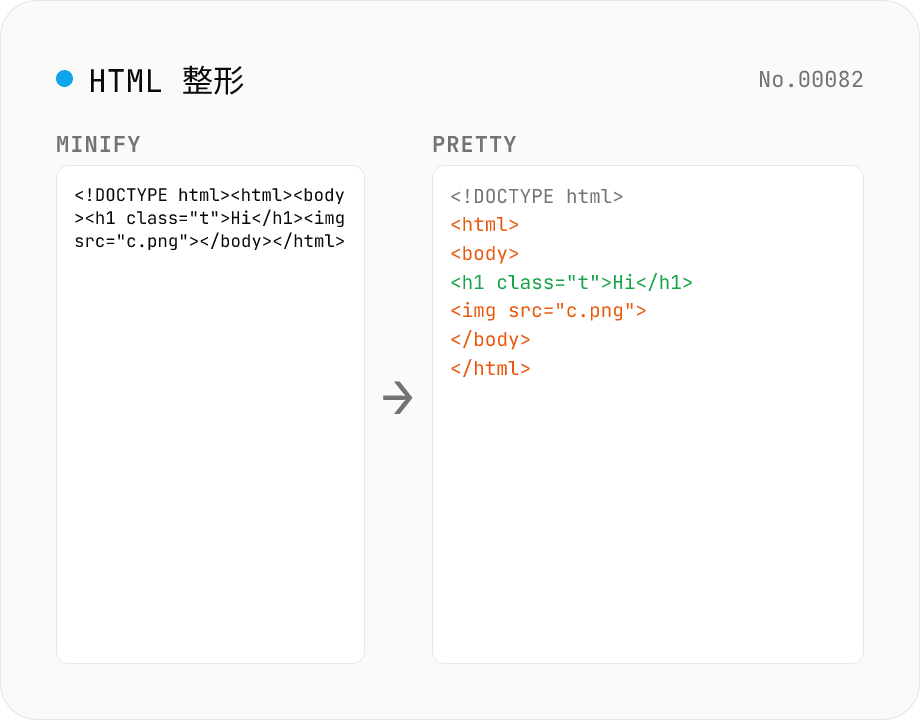 HTML 整形 — pretty / minify で読みやすく / 1 行に