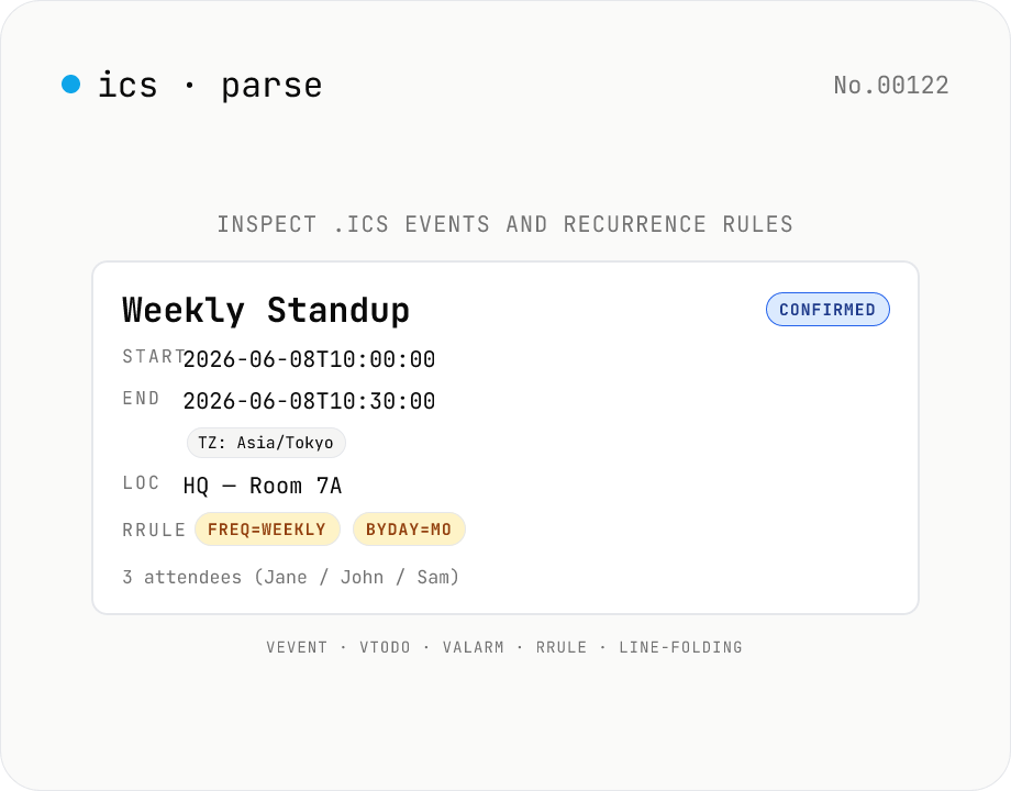 ICS (.ics) Parser — Inspect iCalendar events, todos, and recurrence