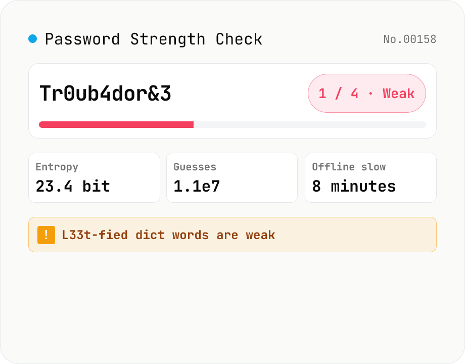 Password Strength Check (zxcvbn score / crack time / feedback)