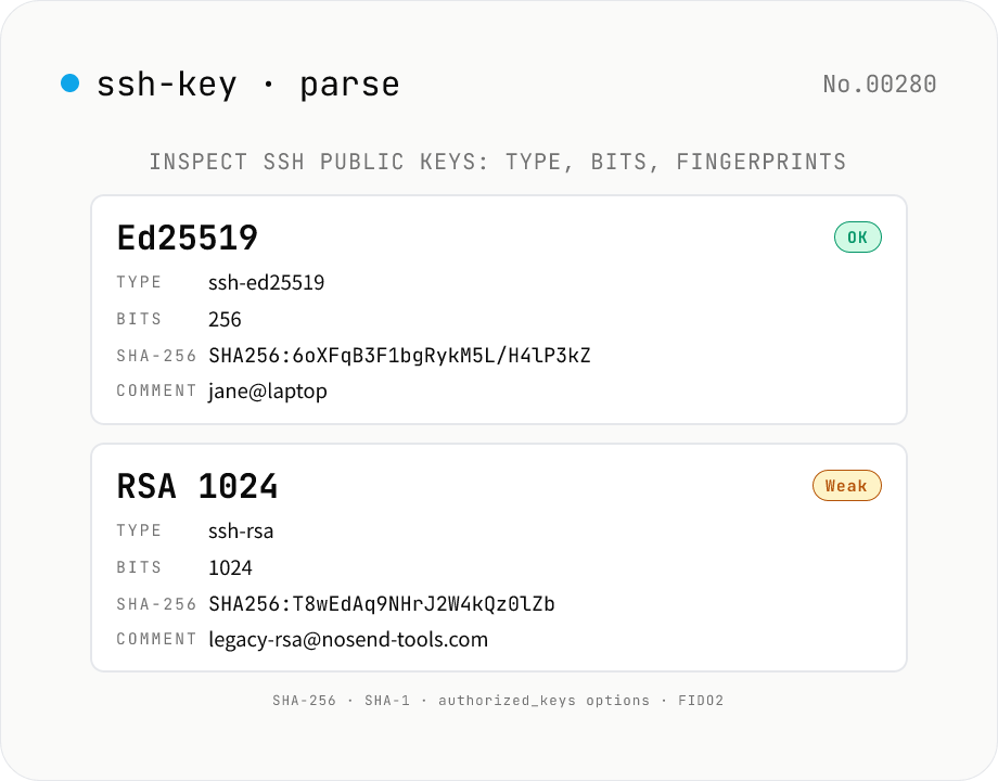 SSH Public Key Parser — Inspect type, bits, comment, and fingerprints