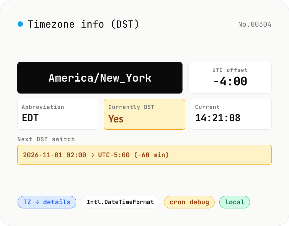 Timezone info (DST) — current UTC offset & switch dates for any IANA TZ
