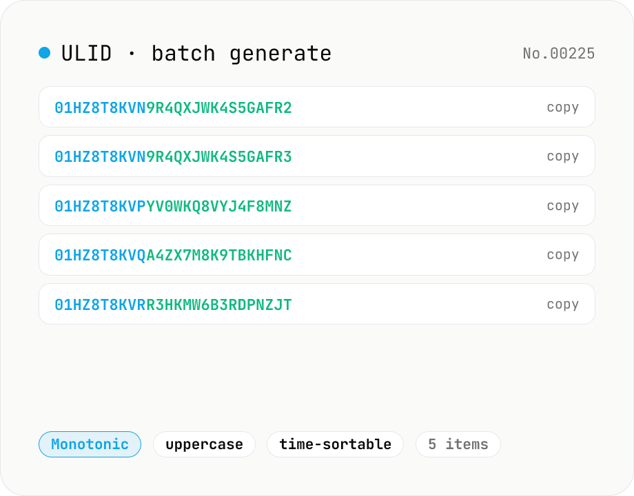 ULID generator — lexicographically sortable IDs in bulk