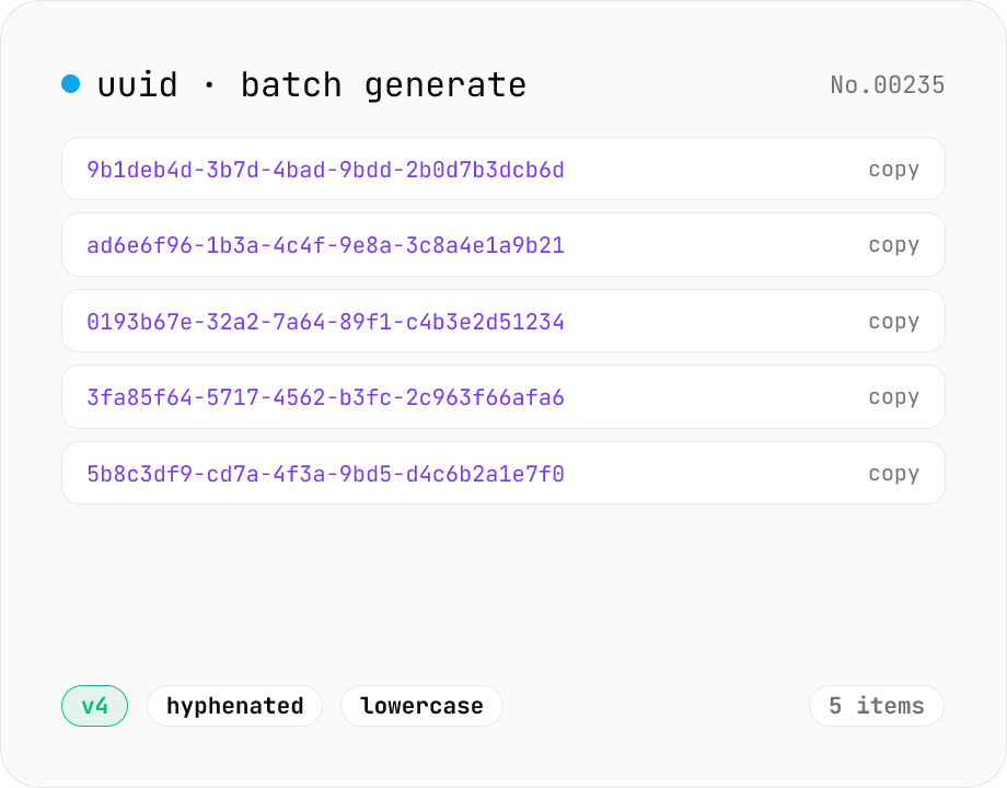 UUID generator — v4 / v7 batch generation