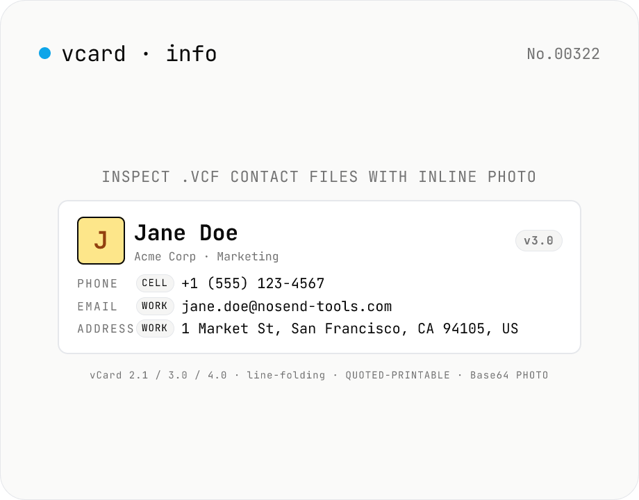 vCard (.vcf) Parser — Inspect contacts, photos, and structured addresses