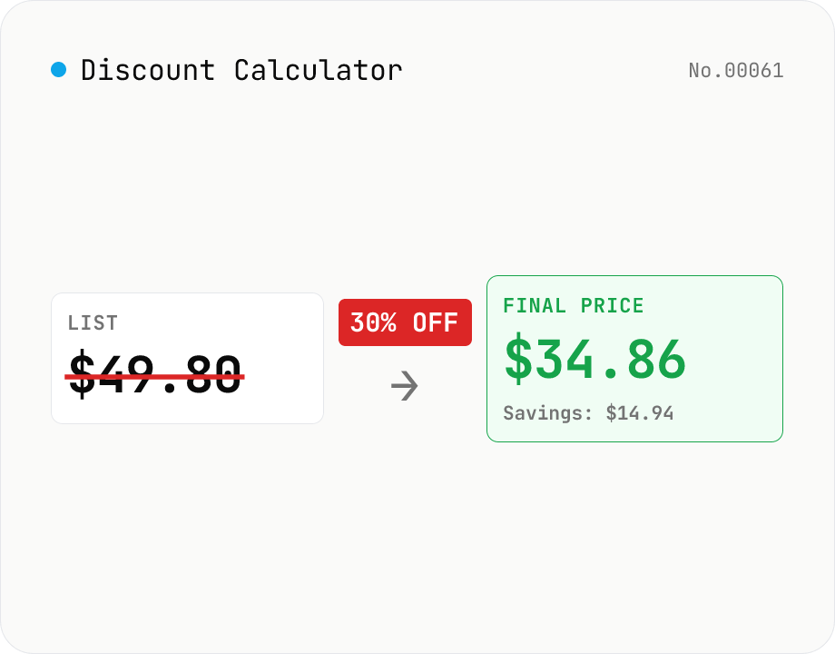 Discount Calculator — list price / discount rate / sale price all ways
