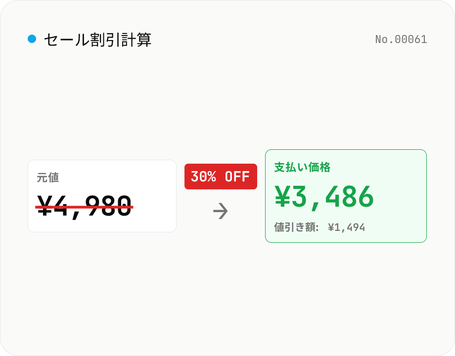 セール割引計算機 — 元値 / 割引率 / セール価格を相互に算出