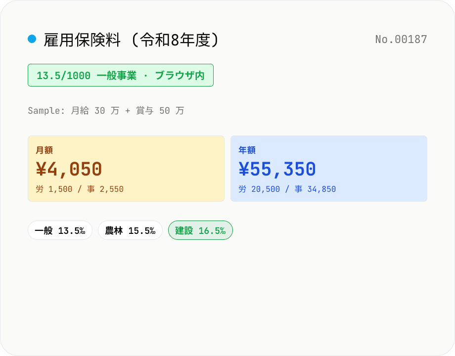 雇用保険料試算 — 令和8年度料率 + 業種別 (一般 / 農林水産 / 建設)