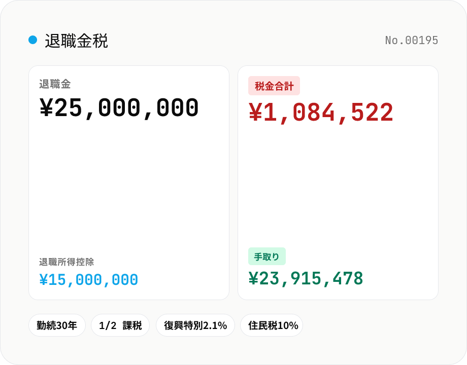 退職金の所得税・住民税計算 — 退職所得控除と 1/2 課税の早見
