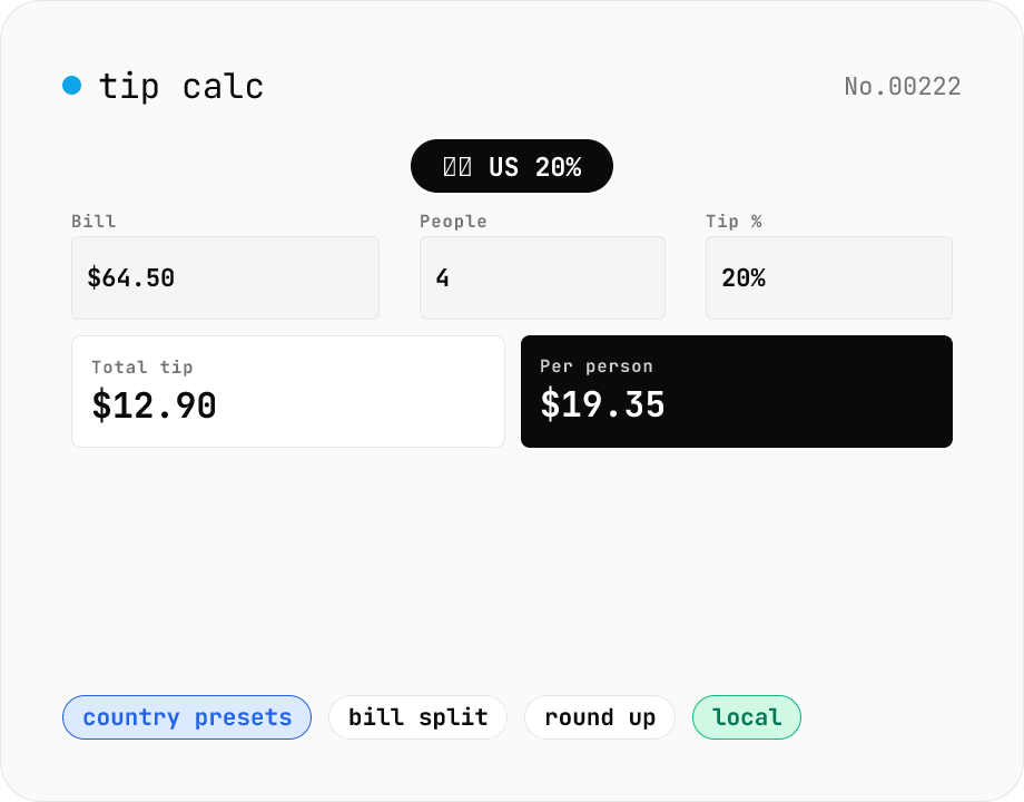 Tip calculator — restaurant tip + bill split