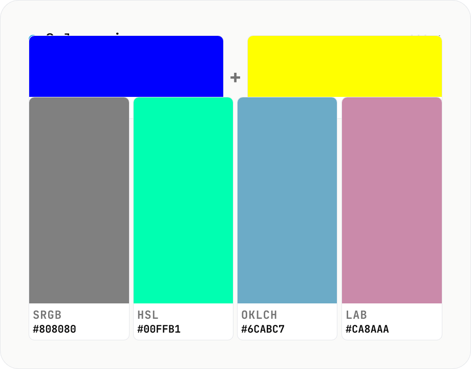 Color mixer — blend N colors in sRGB / HSL / OKLCH / LAB side by side