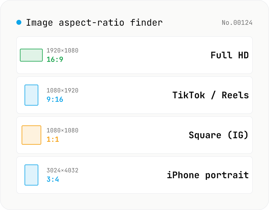 Image aspect-ratio finder — GCD ratios + 1080p / 4K / iPhone / TikTok match