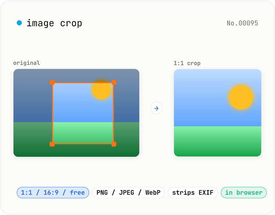 Image crop — drag to trim with free ratio or pixel size