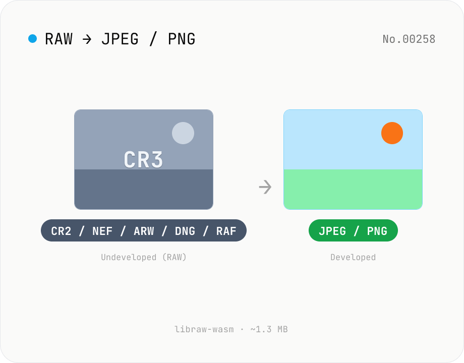 Convert RAW (CR2 / NEF / ARW / DNG / RAF) to JPG / PNG in browser