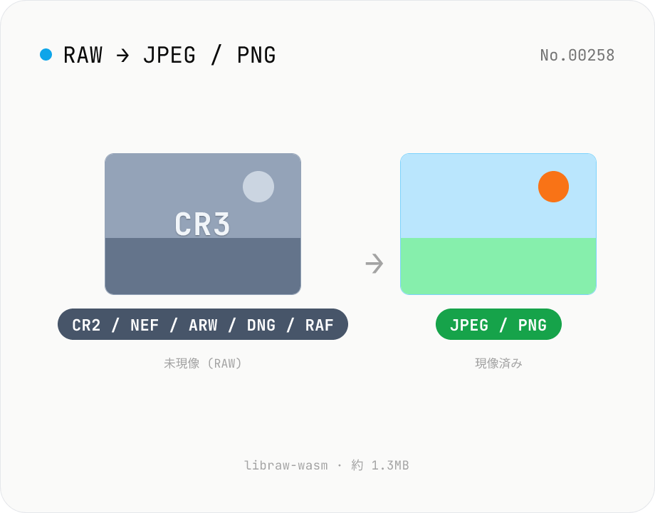 RAW (CR2 / NEF / ARW / DNG / RAF) を JPG / PNG に変換