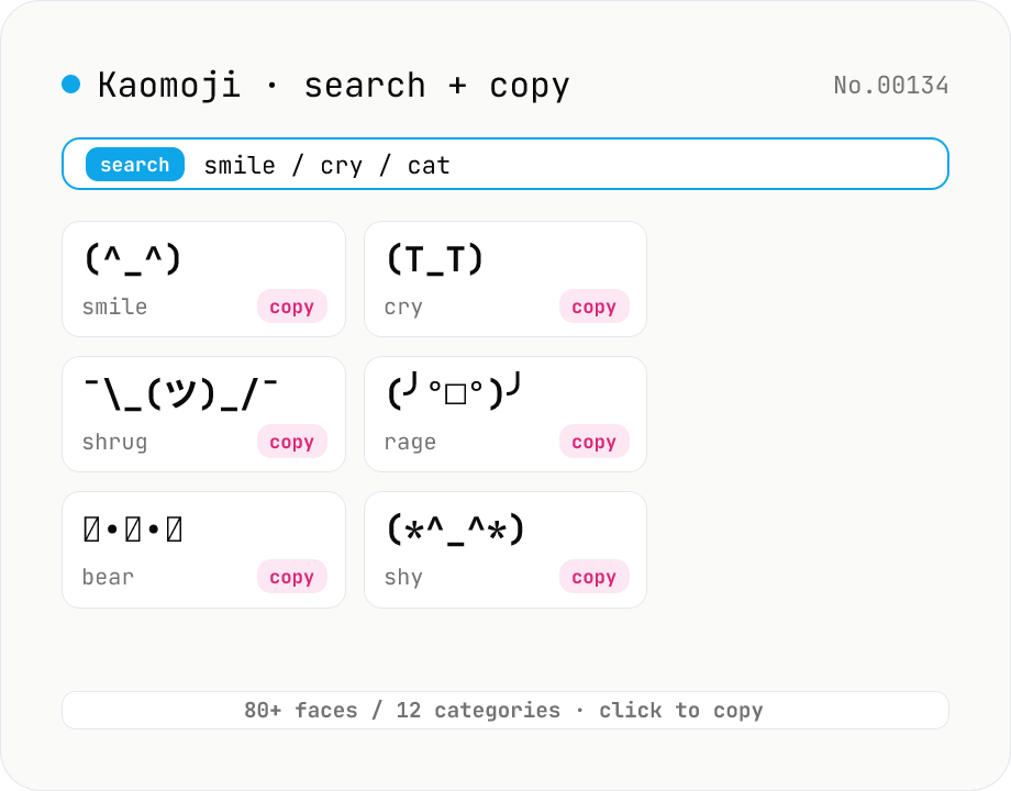 Kaomoji finder — copy (^_^) ¯\_(ツ)_/¯ and 80+ classic faces