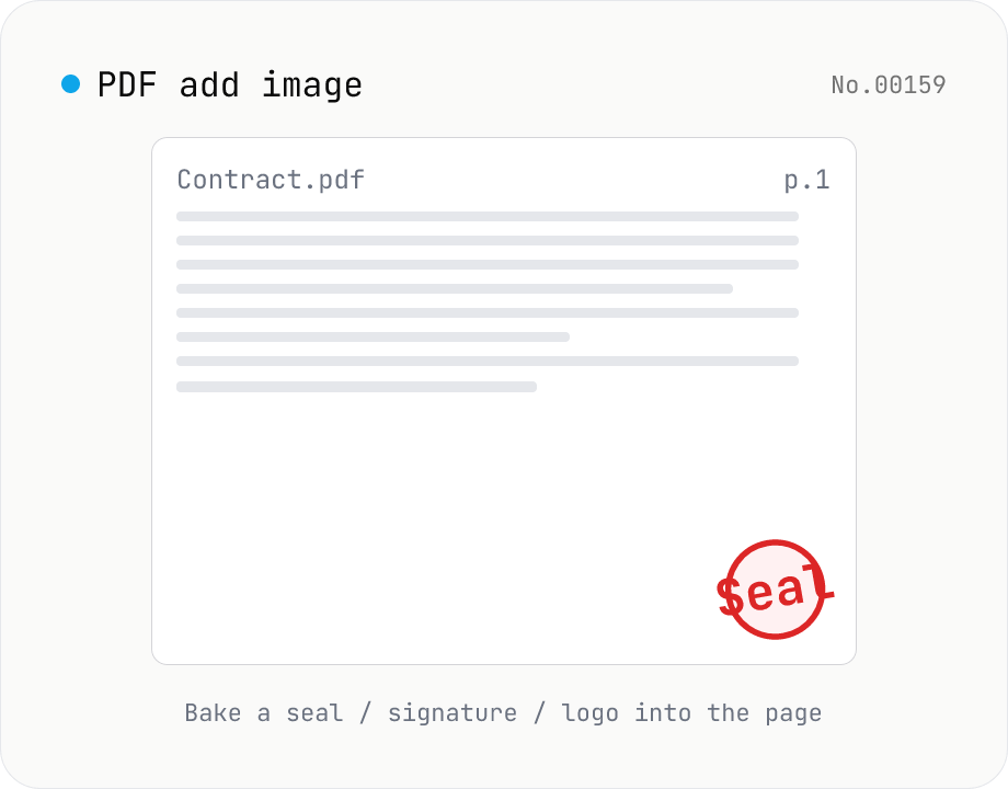 PDF add image — bake a signature / seal / logo into a page