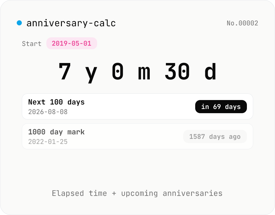 Anniversary counter — years/months/days/hours since a date