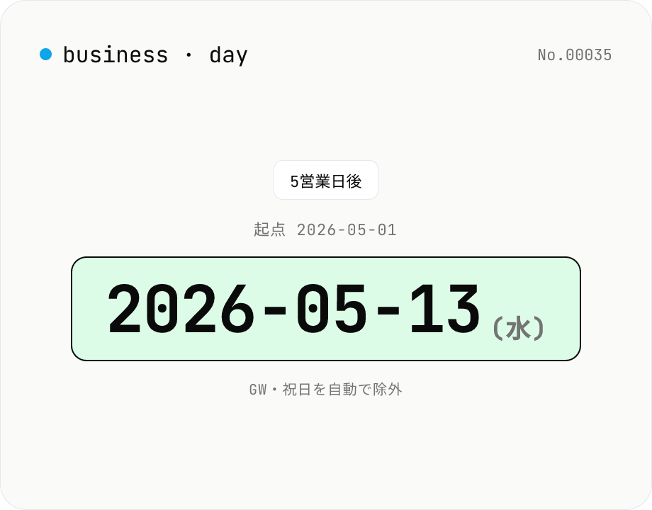 営業日計算 (日本祝日対応) — N 営業日後の日付・期間カウント