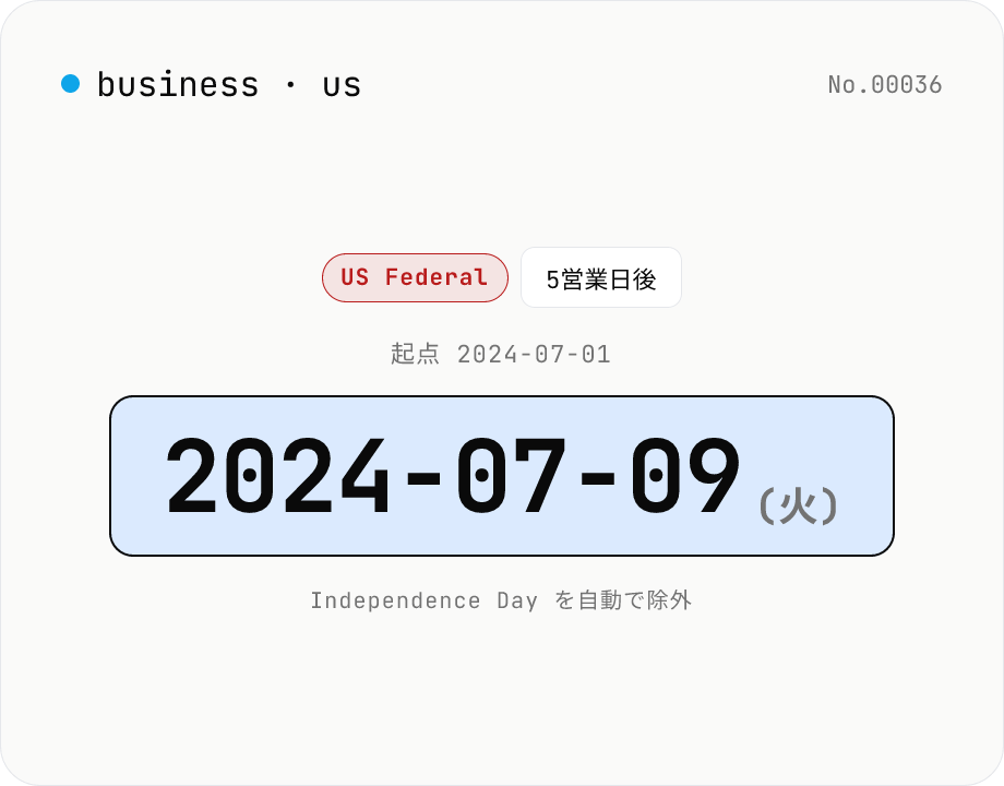 営業日計算 (米国祝日対応) — N 営業日後の日付・期間カウント