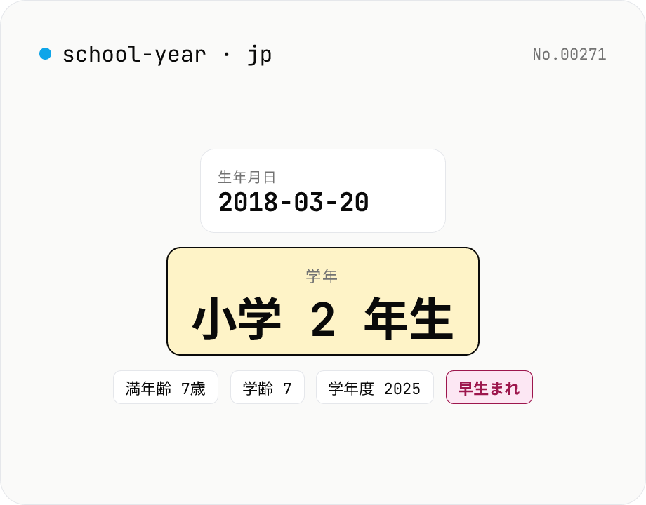 日本の学年計算 (早生まれ対応・幼/小/中/高/大)