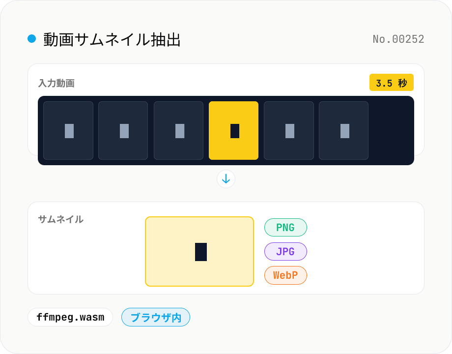 動画サムネイル抽出 — 任意秒のフレームを PNG / JPG / WebP で書き出し